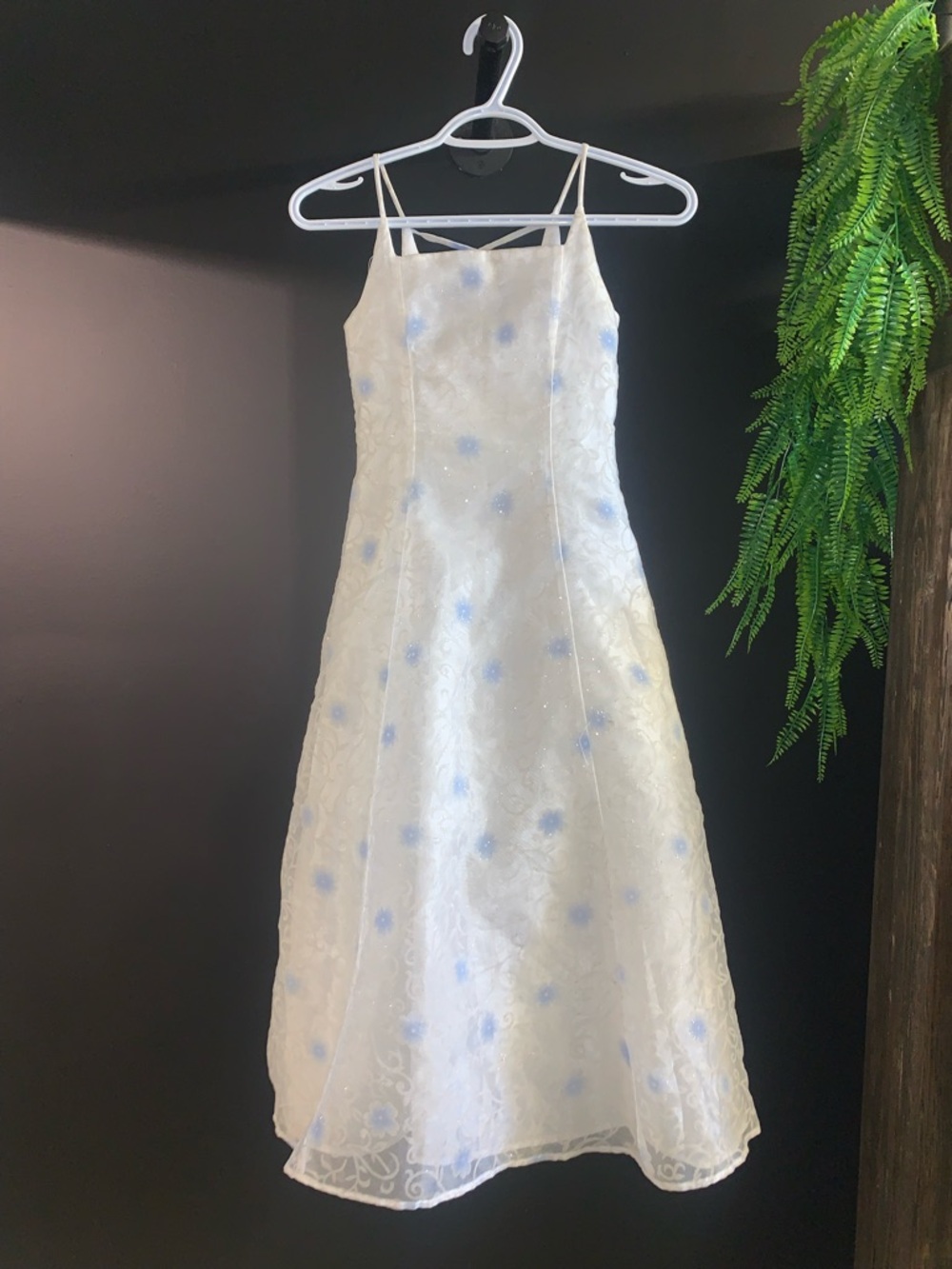 Girls Vintage Ivory Organza Floral Dress with Light Blue Accents